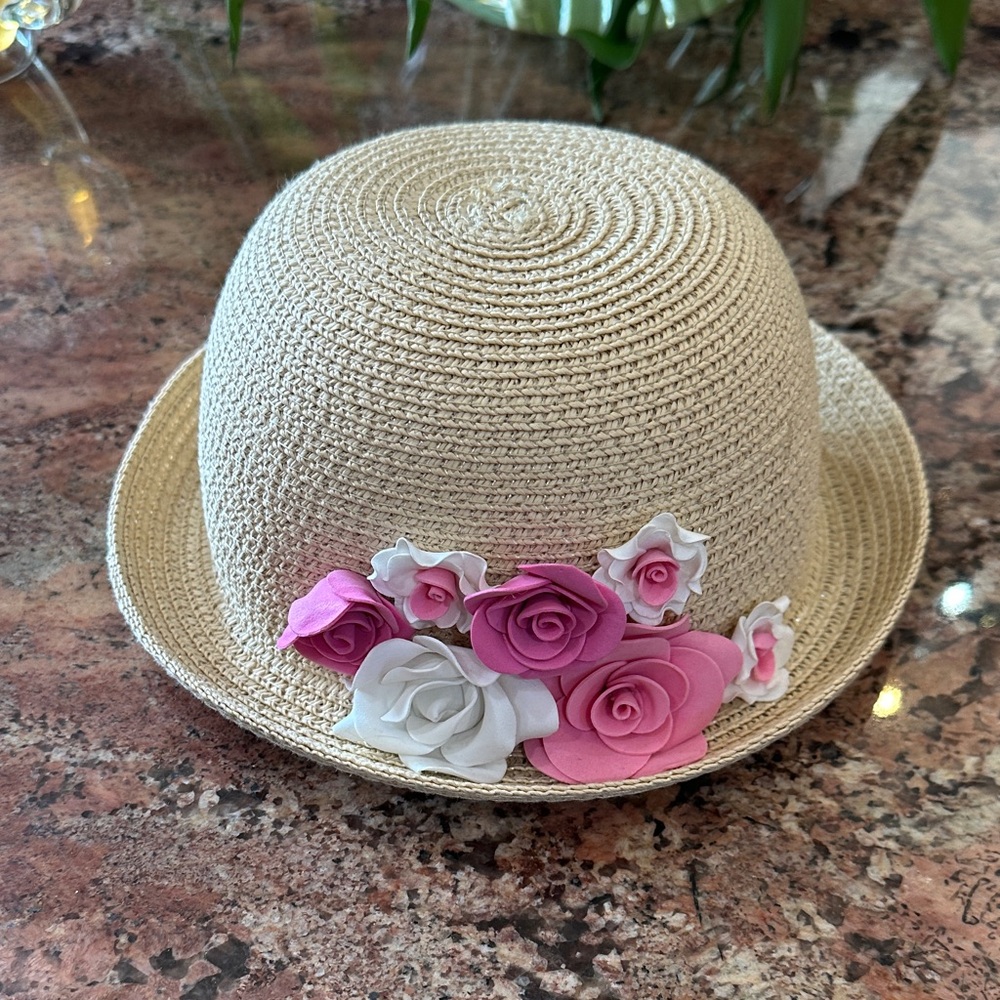 Charming Kids Straw Hat with Pink and White Floral Accents